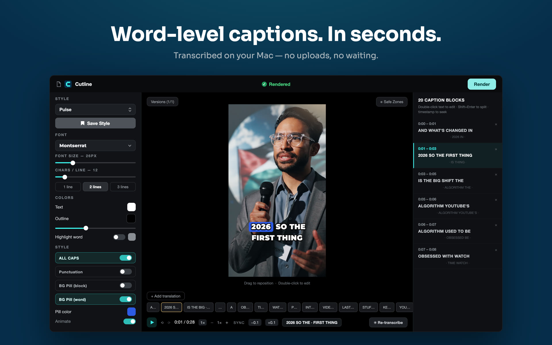 Cutline editor showing word-level captions on a vertical video