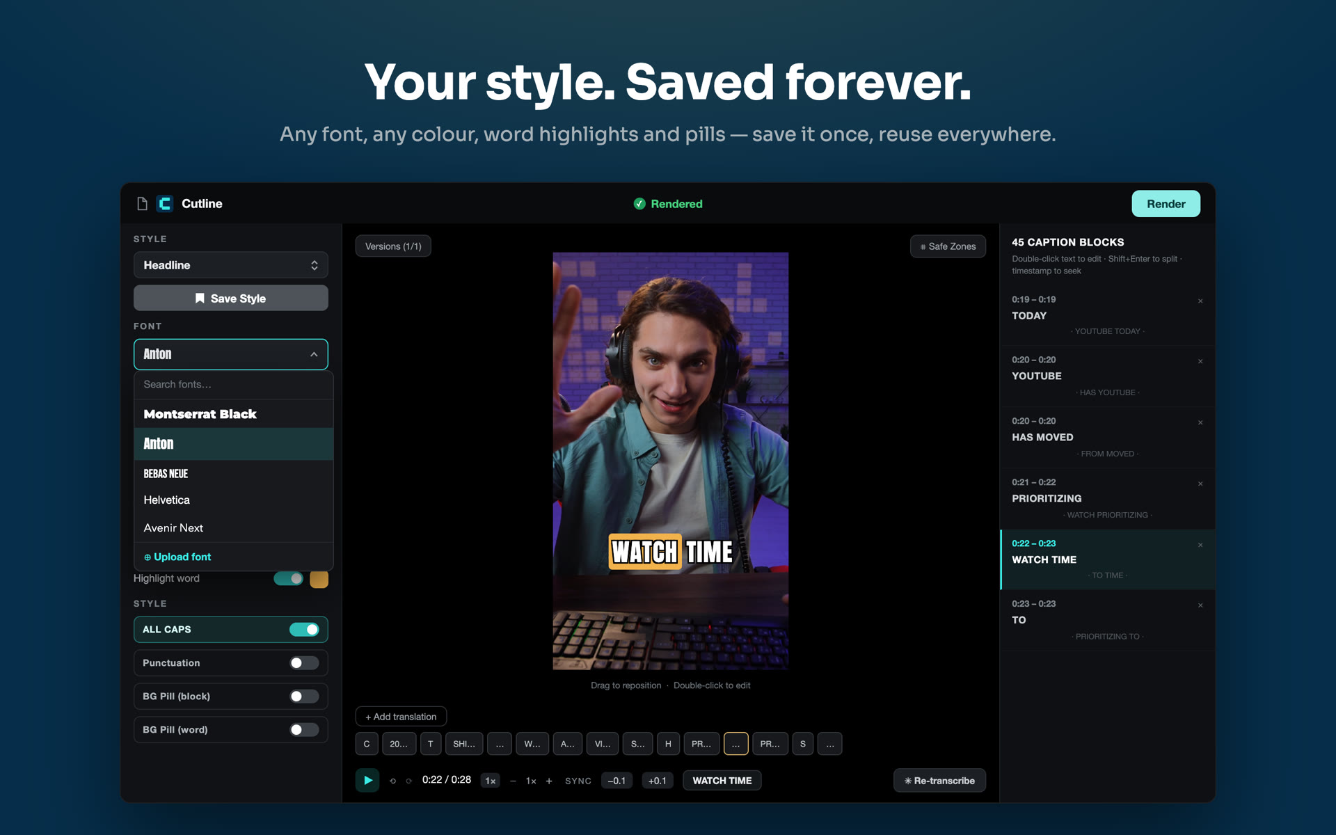 Choosing a font and saving a custom caption style in Cutline